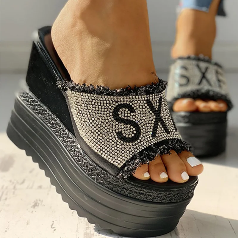 Top Trends: Crystals Wedges High Heels Slippers Leisure Summer Sandal Woman Shoes Women Platform Mules Slippers Slip On Outside Pantuflas Shoppable Styles - Image 5