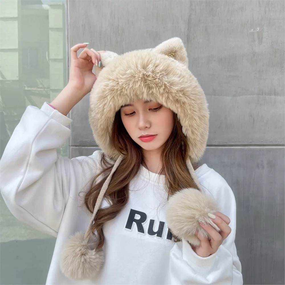 Top Trends: Knitted Cap Women&#039;s Winter Cute Cartoon Sequins Cat Ears Hairball Wool Cap Padded Thickened Fur Collar Warm Windproof Cap Shoppable Styles