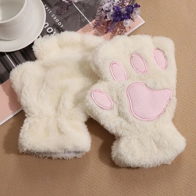 Top Trends: Warm Plush Bear Claw Gloves Women Kawaii Lovely Soft Cat Paw Fingerless Mittens Winter Thickened Fluffy Half Finger Gloves Shoppable Styles