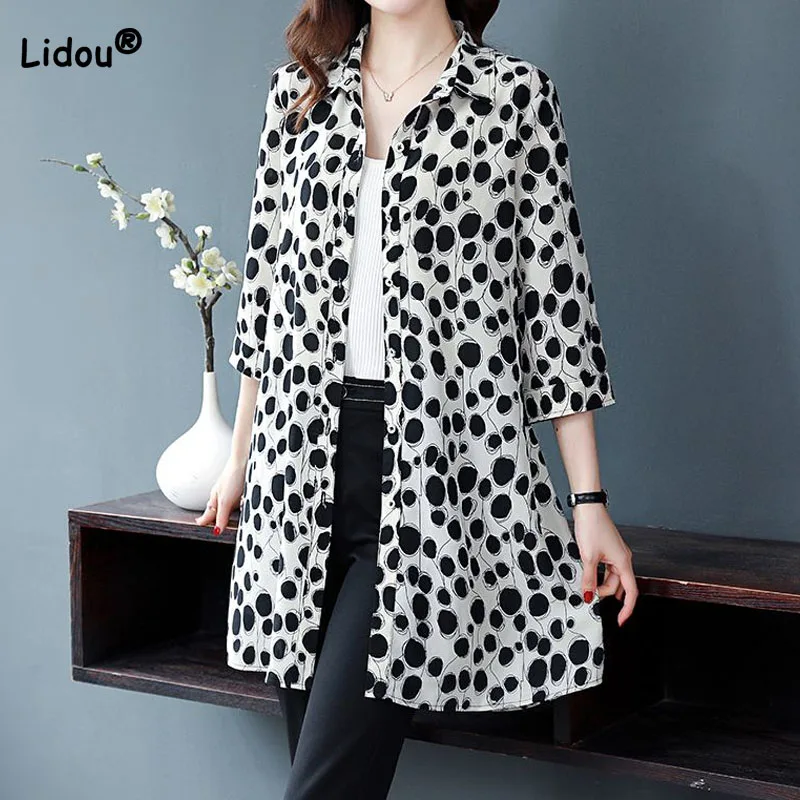 Top Trends: Female Loose Fashion Polka Dot Printed Chiffon Shirt Summer Women&#039;s Clothing Casual All-match Single-breasted 3 / 4 Sleeve Blouse Shoppable Styles