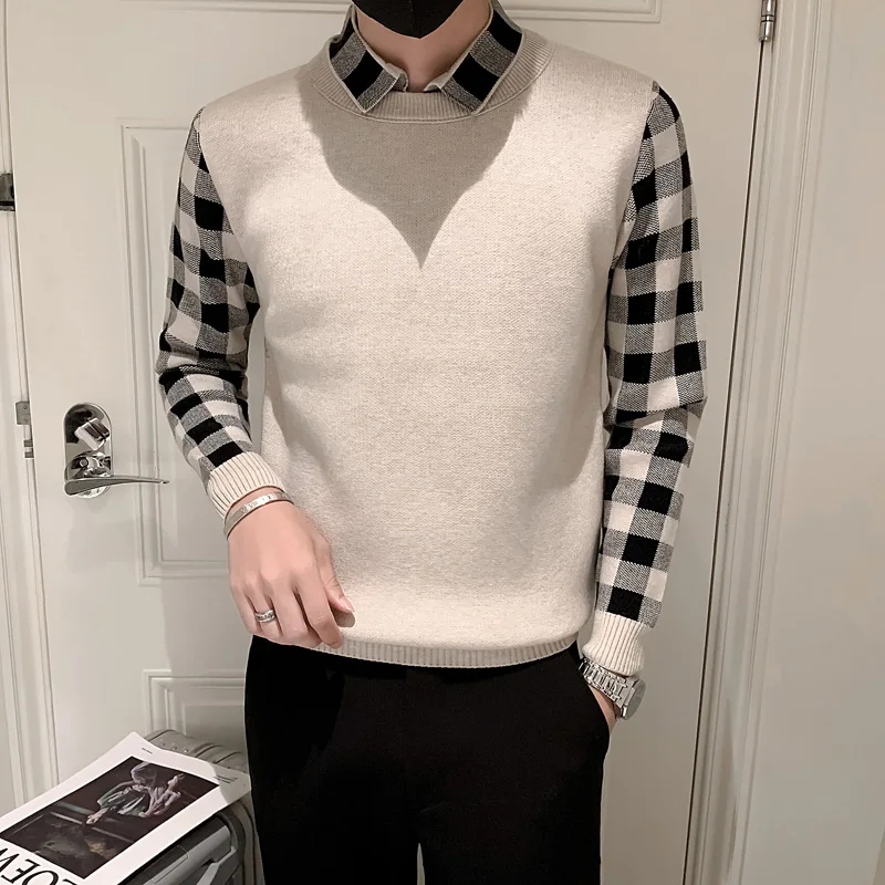 Top Trends: 2022 Brand Clothing Men Keep Warm In Winter Shirt Stitching Sweaters / Male Slim Fit Fake Two Piece Casual Knit Shirts S-3XL Shoppable Styles