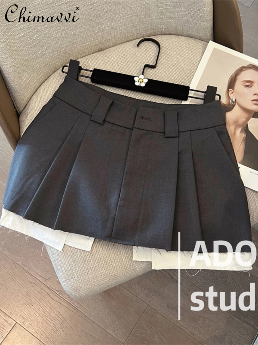 Top Trends: 2022 Summer New Retro Versatile High Waist Stitching A-line Skirt Women's Fashion Pleated Slim Fit Short Skirt For Ladies Shoppable Styles