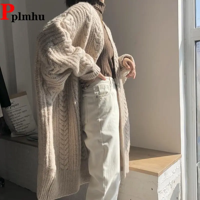 Top Trends: Warm Thick Long Knitwear Jackets Oversized 80kg Winter Fall Women Elegant Sweaters Korean Loose Coats Woman New Knitted Cardigan Shoppable Styles