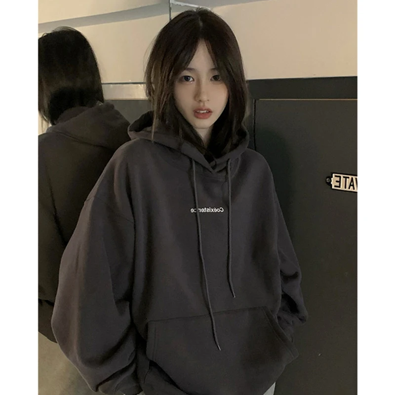 Top Trends: Fashion Dark Grey Hoodie Fleece Thicken Sweatshirt Long Sleeve Korean Letter Printing Baggy Female Tops Pullover Hoodie Autumn Shoppable Styles