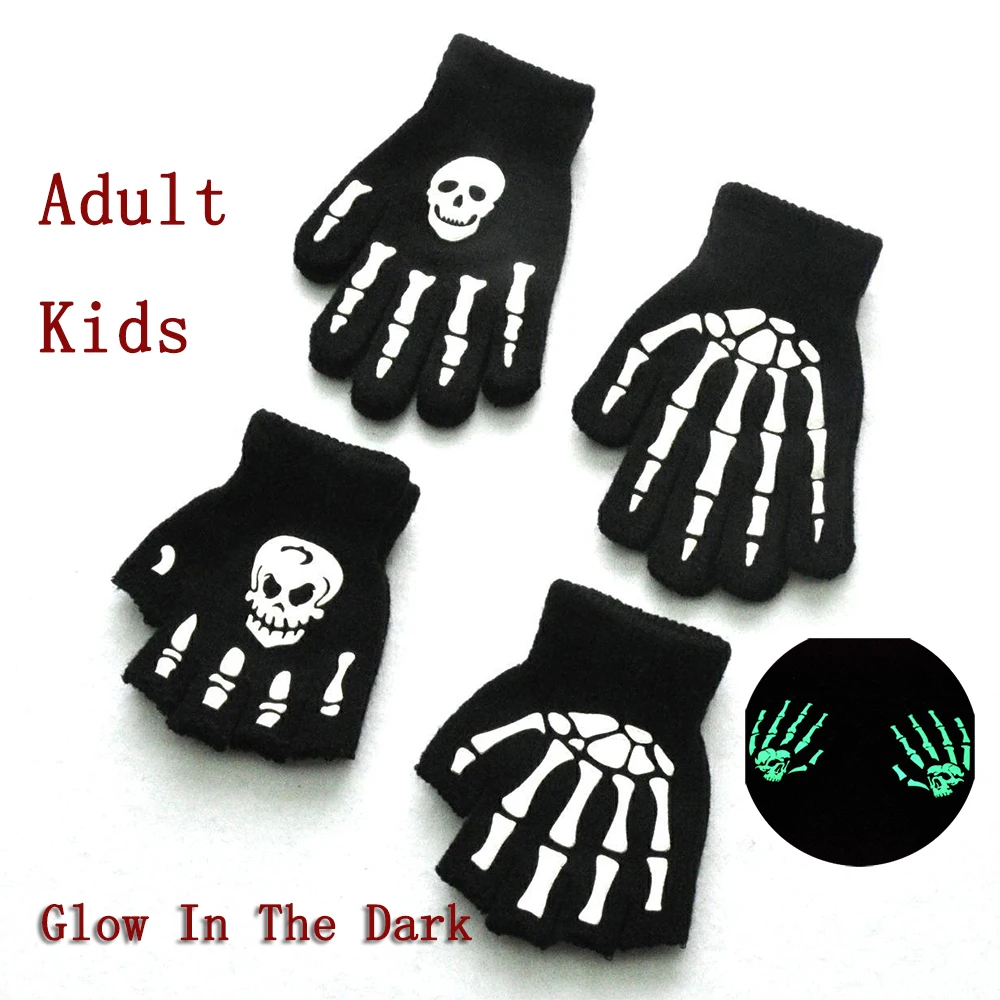 Top Trends: Unisex Adult Gloves Halloween Skeleton Skull Half Finger Gloves Glow In The Dark Fingerless Stretch Knitted Warm Winter Mittens Shoppable Styles