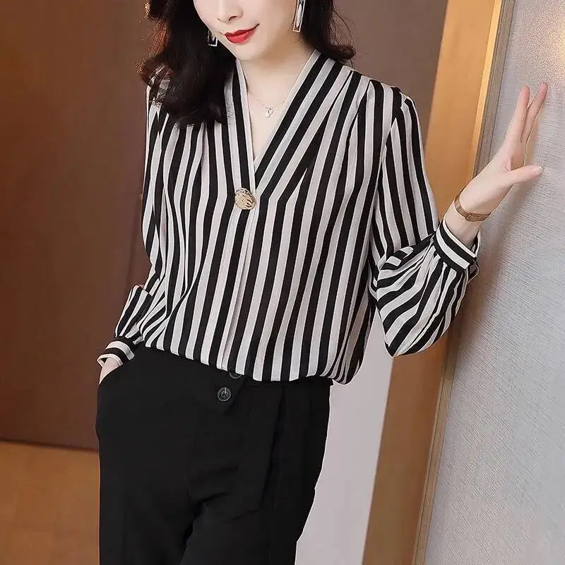 Top Trends: Fashion Printed V-Neck Button Striped Chiffon Shirt Oversized Casual Tops 2022 Autumn New Women&#039;s Clothing Office Lady Blouses Shoppable Styles