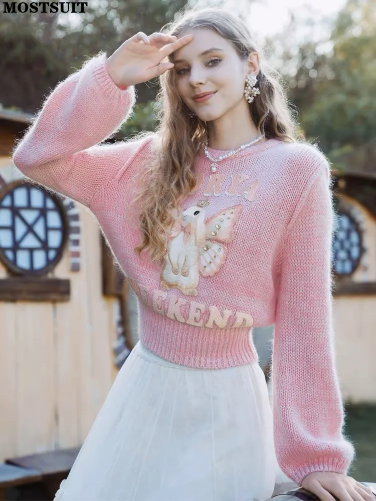 Top Trends: Rabbit Embroidered Stylish Knit Sweater Women Pullover Knitwear 2023 Autumn Elegant Fashion Chic Long Sleeve O-neck Crop Tops Shoppable Styles