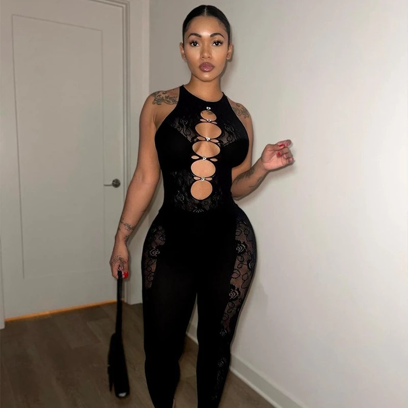 Top Trends: Women's Jumpsuit Black Knitted Long Overalls Bodysuit Women One Piece See Through Jumpsuits Vintage Clothing Female Rave Outfit Shoppable Styles