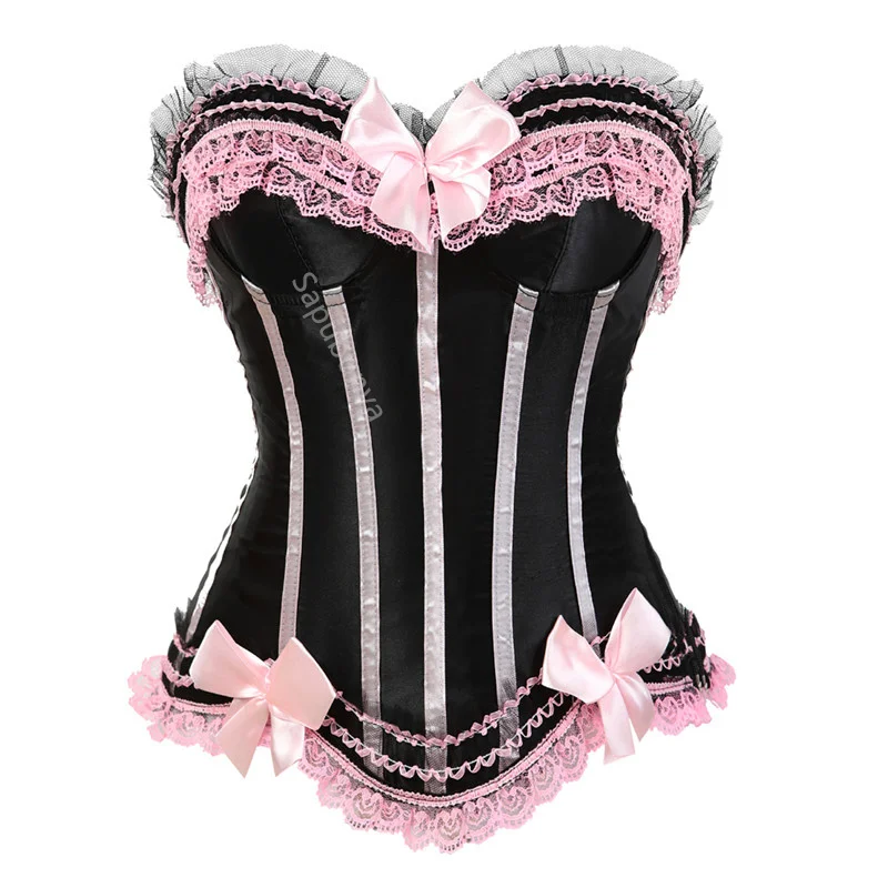 Top Trends: Sapubonva Lace Up Corsets Bustiers Top Sexy Satin Overbust Corset Striped Ladies Satin Halloween Big Size Red Black Pink Korsett Shoppable Styles