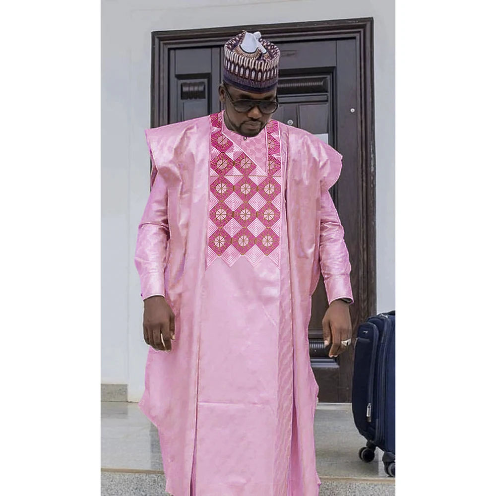 Top Trends: H&amp;D New African Clothes For Men Bazin Traditional Embroidery Dashiki Pink Robe Long Sleeve Shirt Pants 3 Piece Set Wedding Abaya Shoppable Styles