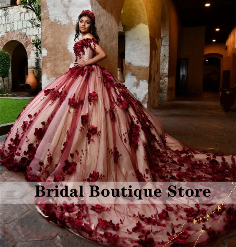 Top Trends: Burgundy 3D Flowers Princess Quinceanera Dresses 2024 Beading Pearls Appliques Off Shoulder Sweet 16 Dress Vestido De 15 Años Shoppable Styles