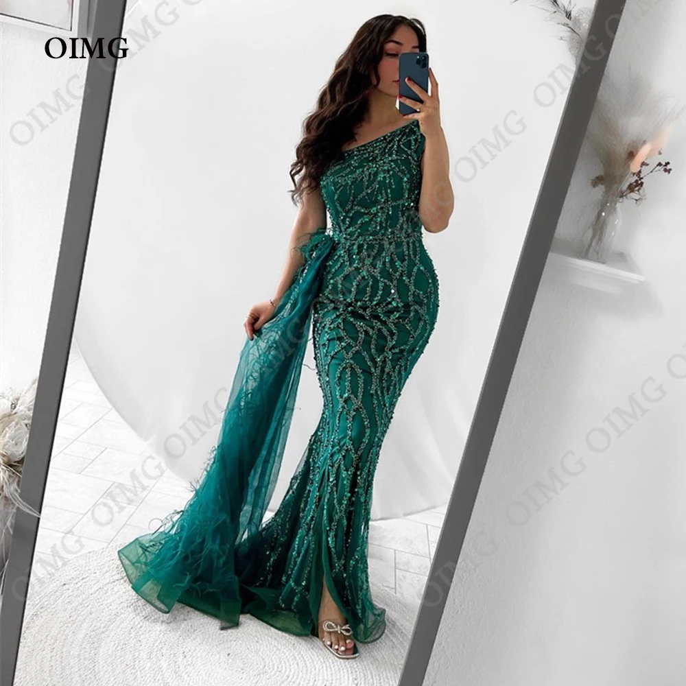 Top Trends: OIMG Green / Pink Shiny Sequins Evening Dresses One Shoulder Tulle Pleated Sleeveless Prom Gowns Celebrity Formal Party Robe Shoppable Styles