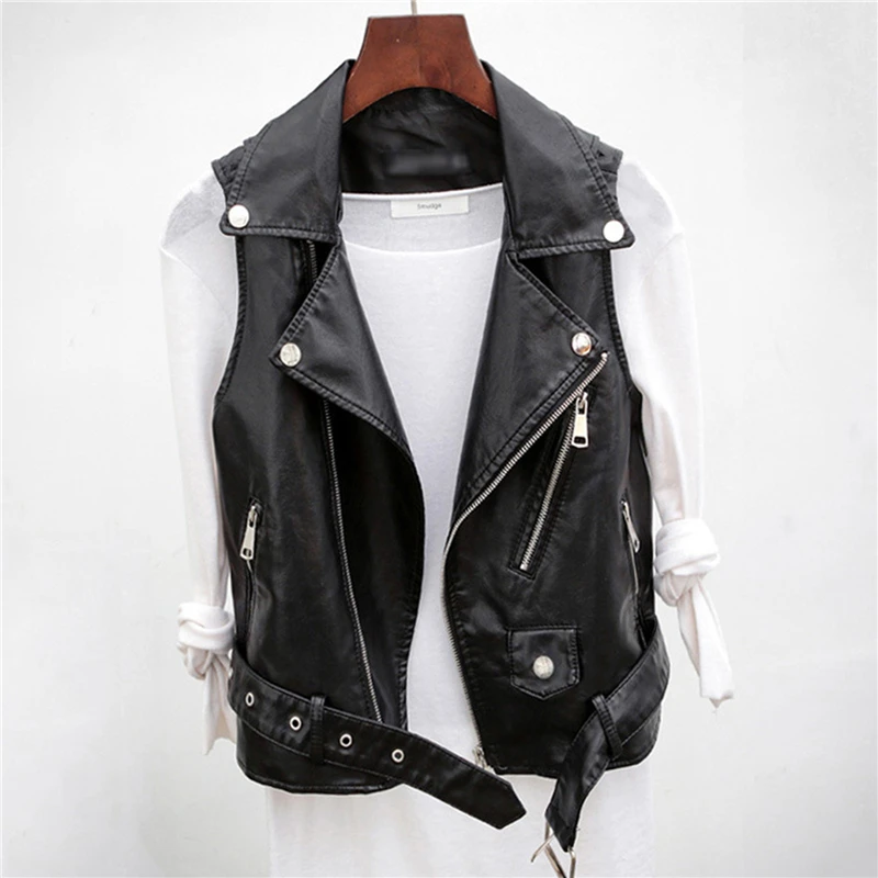 Top Trends: 2022 New Spring Autumn Black PU Leather Waistcoat Fashion Women Motorcycle Vest Coat Sleeveless Vests Jacket Large Size 2XL Shoppable Styles