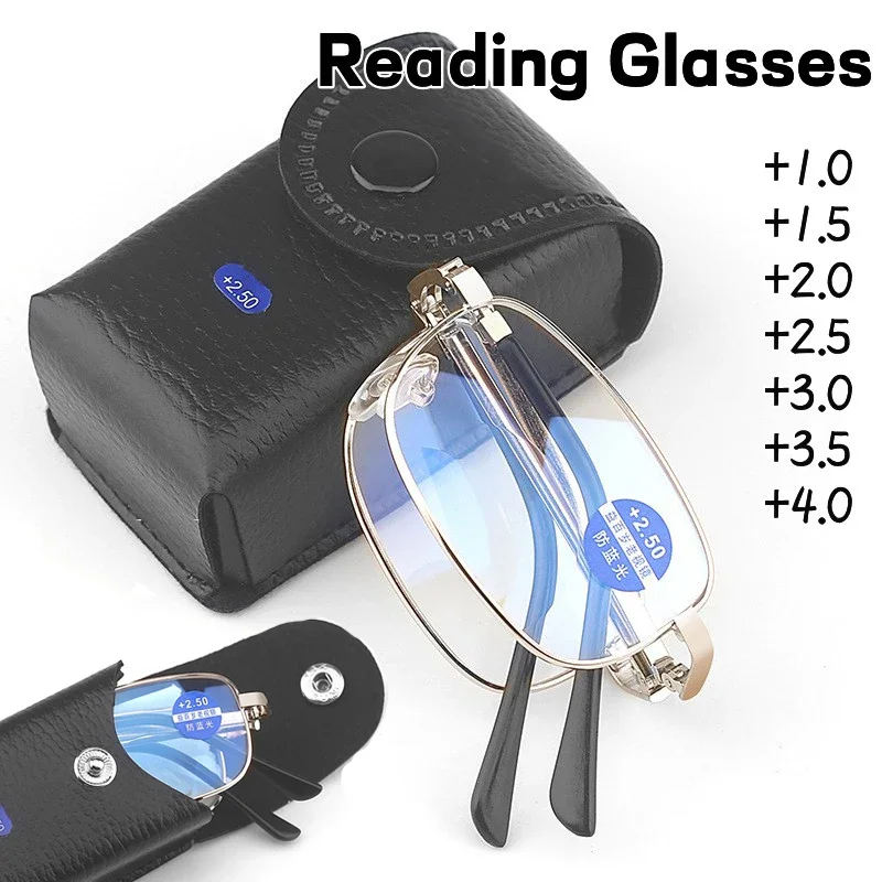 Top Trends: Trend Foldable Metal Blue Light Blocking Reading Glasses Men Portable Metal Eyewear Presbyopia Diopter Glasses With Leather Case Shoppable Styles