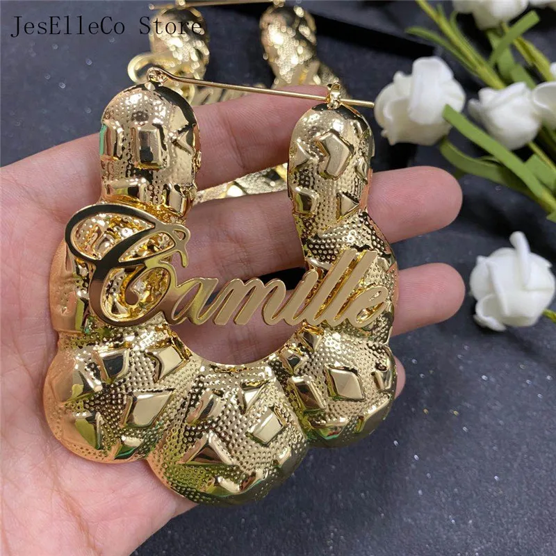 Top Trends: Hiphop Bamboo Hoop Earrings Custom Name Earrings Bamboo Style Customized Earrings For Woman Jewelry Shoppable Styles