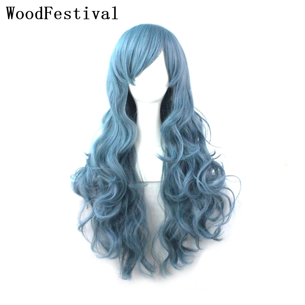 Top Trends: WoodFestival Synthetic Hair Wigs For Women Long Cosplay Wig With Bangs Wavy Pink Red Blonde Blue Green White Purple Black Grey Shoppable Styles