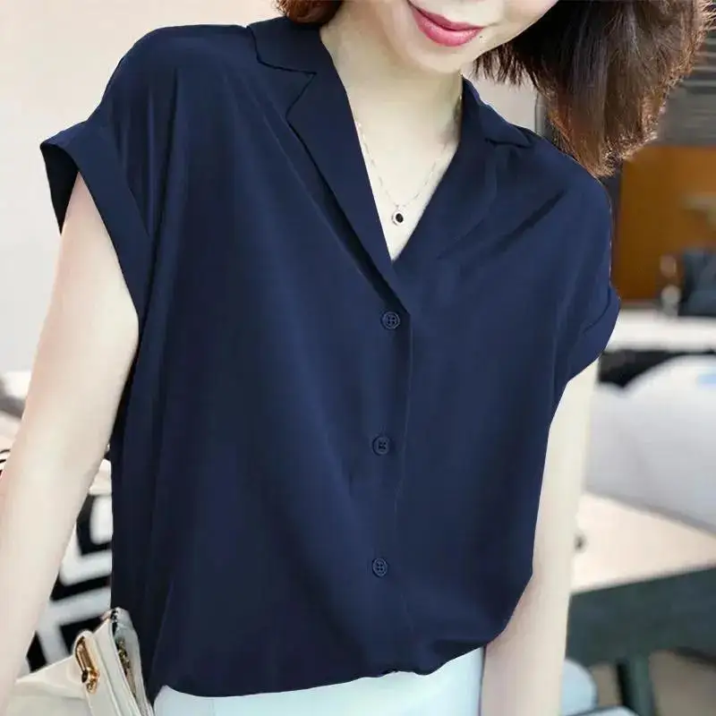 Top Trends: Ice Chiffon Shirt Tops Summer 2023 New Large Solid Color Loose Short Sleeve Blouses Simplicity Fashion Casual Women Clothing Shoppable Styles