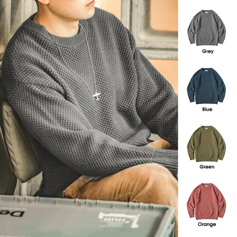 Top Trends: Maden Men Pullover Sweater Japan Retro Heavy Pineapple Grain Thick O-neck Knitted Oversize Harajuku Streetwear Casul Sweater Shoppable Styles