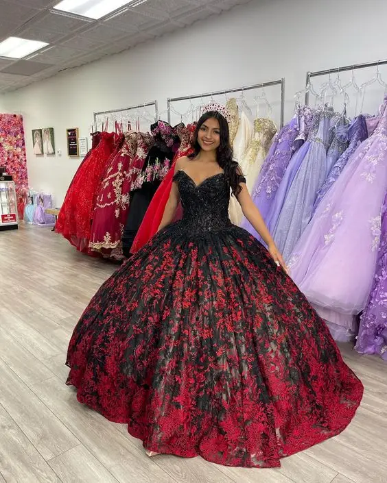 Top Trends: Black Red Dramatic Quinceañera Dresses Off Shoulder Puffy Skirt Gillter Lace Applique Corset Mexican Vestido 15 Años Princesa Shoppable Styles