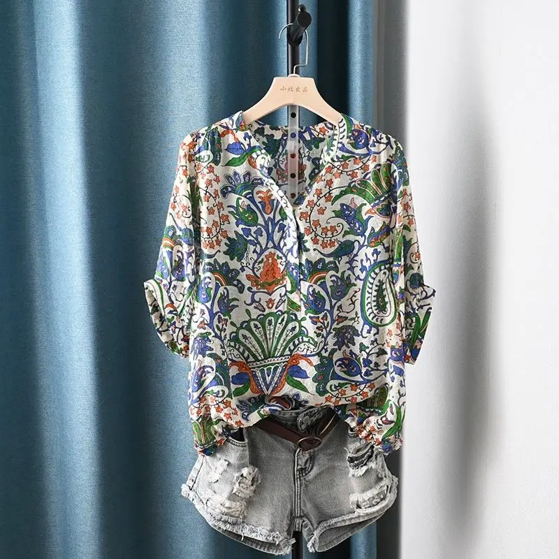 Top Trends: Vintage Temperament Lady Short Sleeve Printing Shirt Summer Fashion Elegant Loose Button Spliced V-Neck Blouse Women's Clothing Shoppable Styles - Image 2