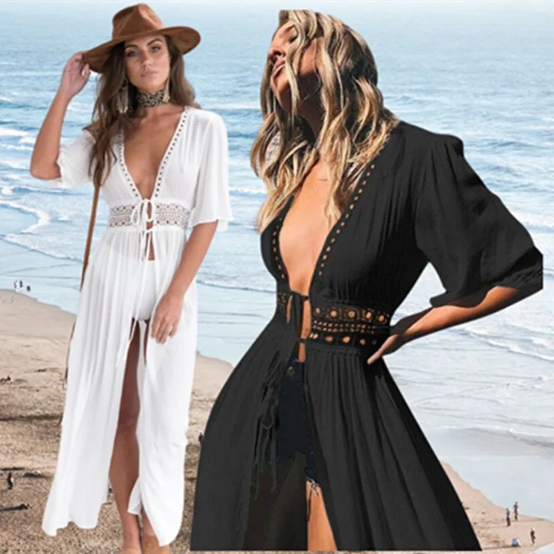 Top Trends: Beach Fashion Long Maxi Dress Women Beach Cover Up Outing Tunic Pareo White V Neck Dresses Robe Swimsuit 2022 New Beachwear Shoppable Styles