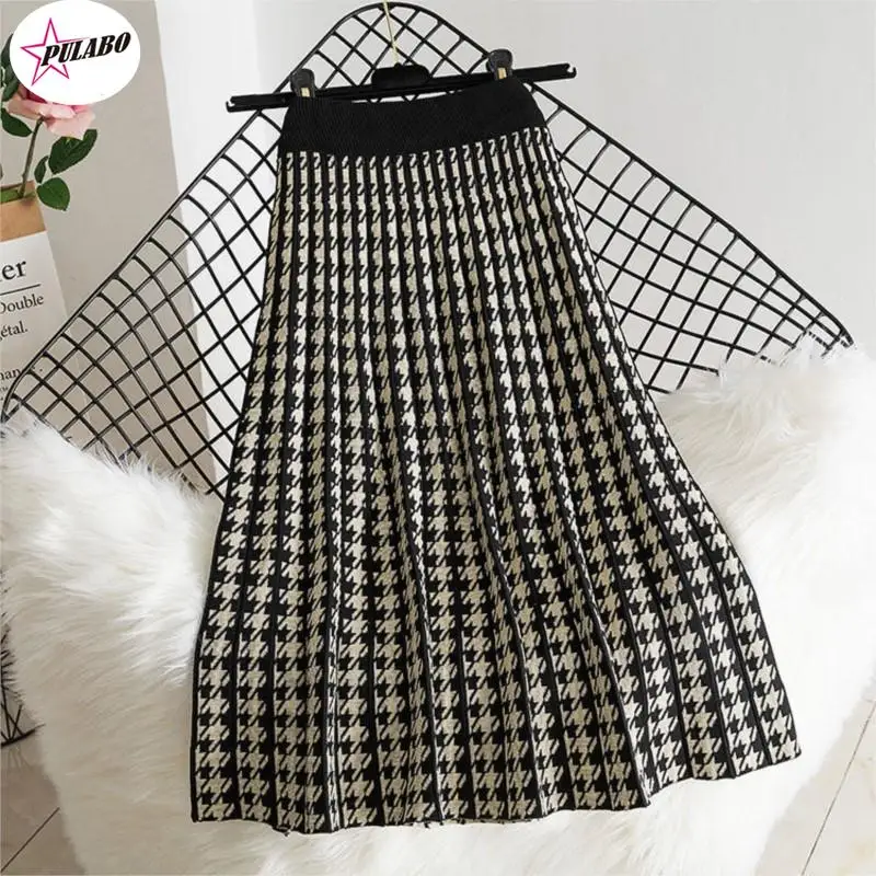 Top Trends: Knitted Plaid Long Skirt Women Y2k Autumn Winter Vintage Elegant Houndstooth A Line High Waist Pleated Midi Skirt Female Shoppable Styles