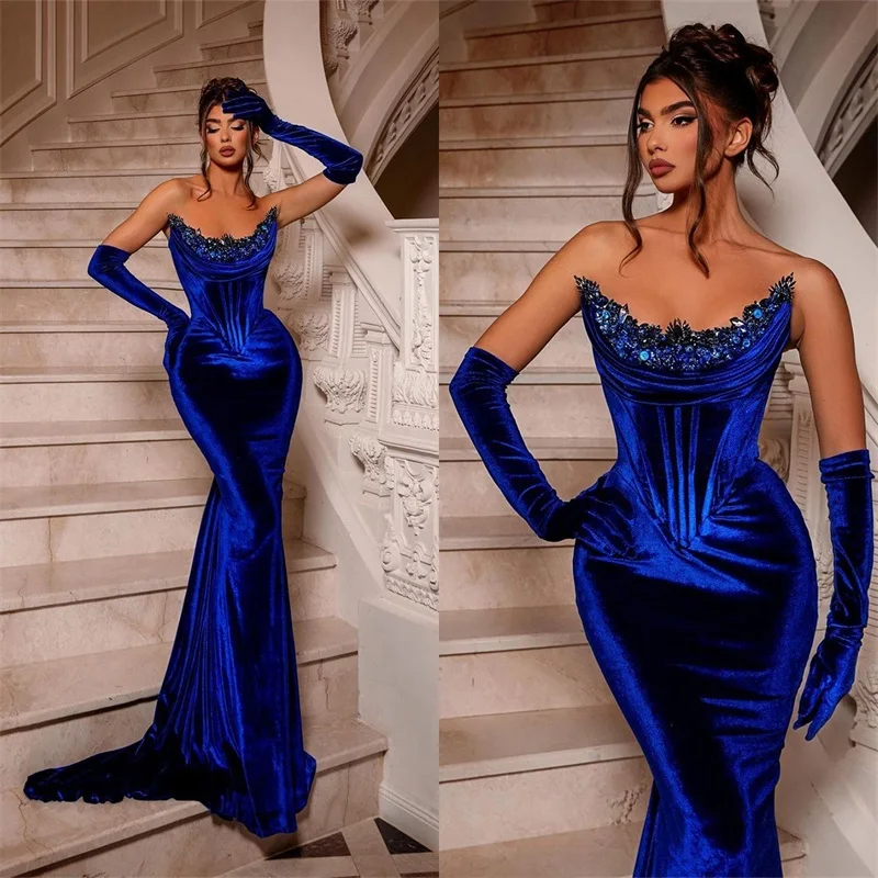 Top Trends: Royal Blue Velvet Prom Dress Mermaid Crystal Beaded Evening Gown With Detachable Sleeve Custom Made Lace Up Back Robes De Mariée Shoppable Styles