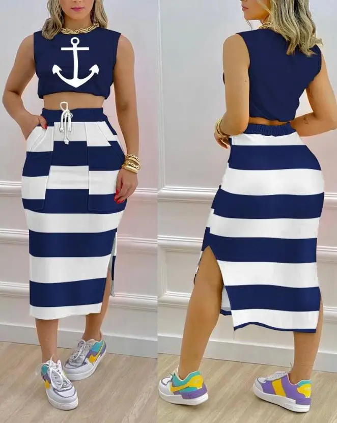 Top Trends: 2023 Summer Casual Skirts Sets For Women European & American Fashion Anchor Print Crop Tank Top & Split Hem Striped Skirt Set Shoppable Styles