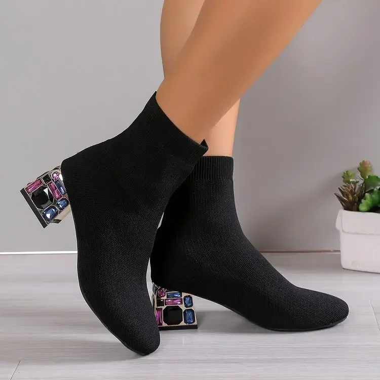 Top Trends: Women Hot Sale High Heels Short Boots 2023 Winter Designer Square Toe Mesh Breathable Stretch Sock Boots Slip On Platform Shoes Shoppable Styles