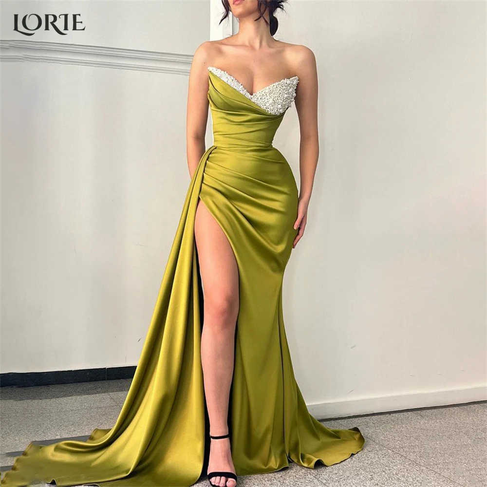 Top Trends: LORIE Glitter Mermaid Luxury Evening Dresses V-Neck Pleats Sexy High Side Slit Prom Dress Off Shoulder Satin Bride Party Gowns Shoppable Styles