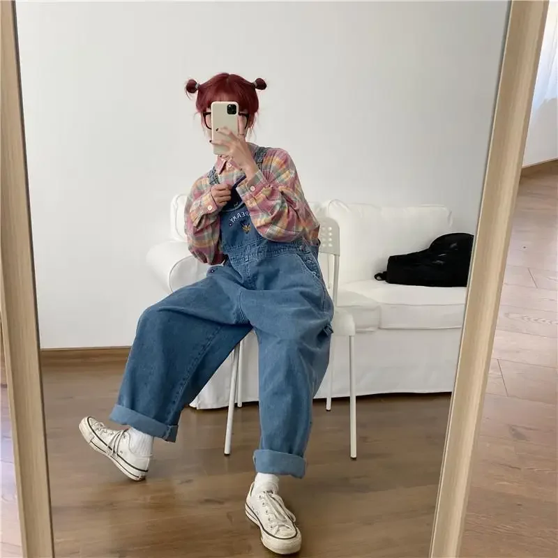 Top Trends: Japanese Loose Cute Jumpsuits Women New Cartoon Embroidery Oversized Denim Overalls Female Cuffed Wide Leg Trousers Shoppable Styles - Image 2