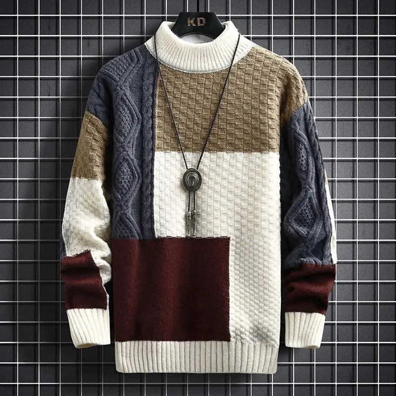 Top Trends: Korean Fashion All-match Patchwork Sweaters Jumpers Men's 2022 Winter New Casual Loose Wool Warm Knited Turtleneck Pullovers Top Shoppable Styles