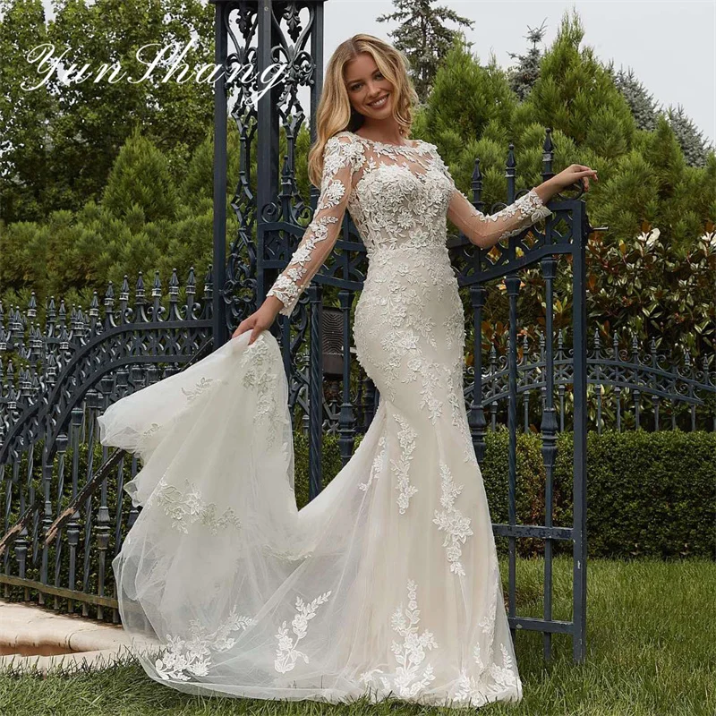 Top Trends: Yunshang Elegant Mermaid Wedding Dress 2024 Lace O-Neck Long Sleeve Open Back Applique Bridal Gown Sweep Train Vestidos De Novia Shoppable Styles