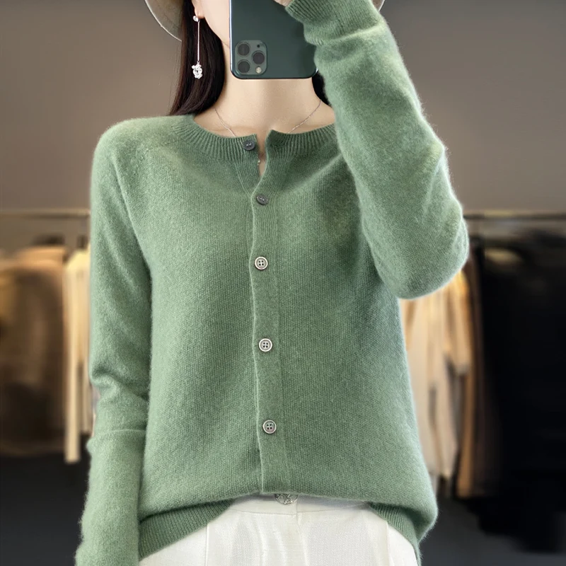 Top Trends: Autumn And Winter New Merino 100% Wool Solid Color Warm Female O-neck Knitted Long Sleeve Solid Color Cardigan Shoppable Styles