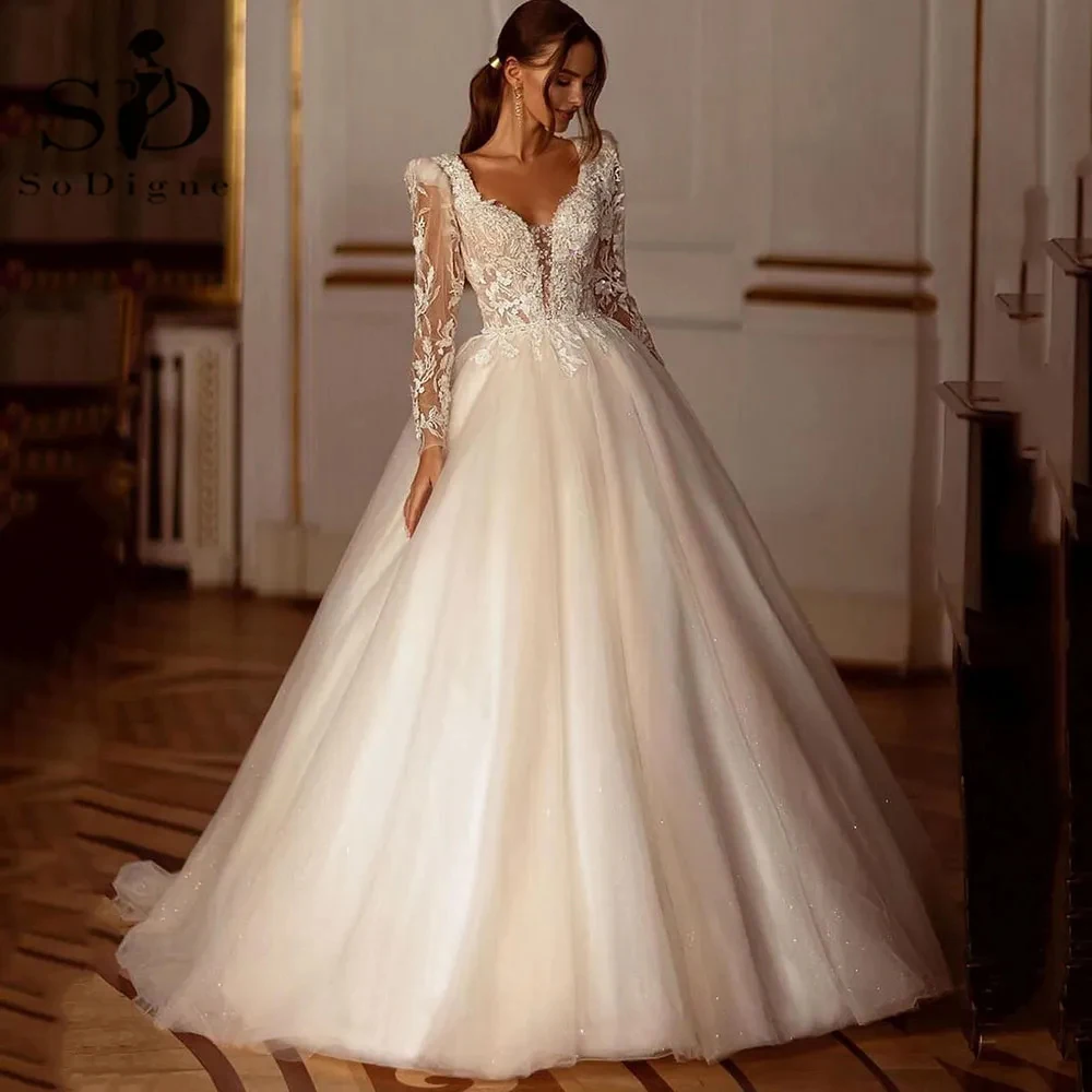 Top Trends: Beautiful Wedding Dresses Gown Lace Appliques Long Sleeve V-Neck Fluffy Mopping Bridal A Line Pockets Backless Elegant New 2023 Shoppable Styles