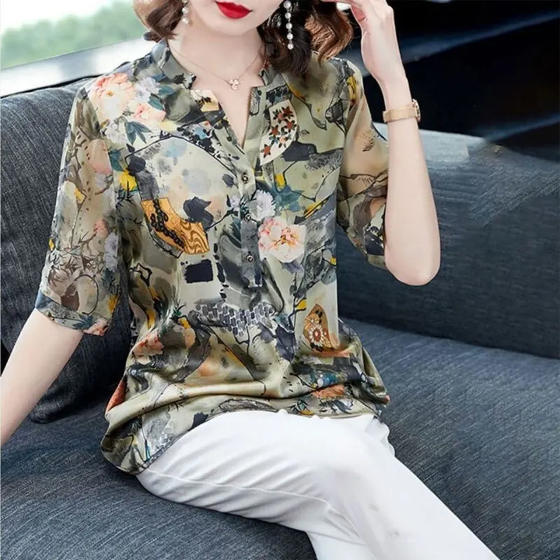 Top Trends: Vintage Printed Elegant V-Neck Shirt Women&#039;s Clothing Loose Stylish Button Summer Casual Short Sleeve Spliced Straight Blouse Shoppable Styles