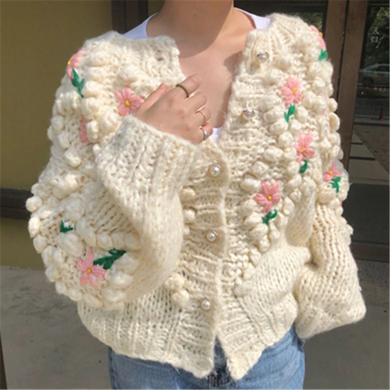 Top Trends: Pearls Buttons Knitted Cardigan Women Vintage Embroidered Sweater Ball O-Neck Tops Korean Loose Sweet Autumn Winter Coat N149 Shoppable Styles