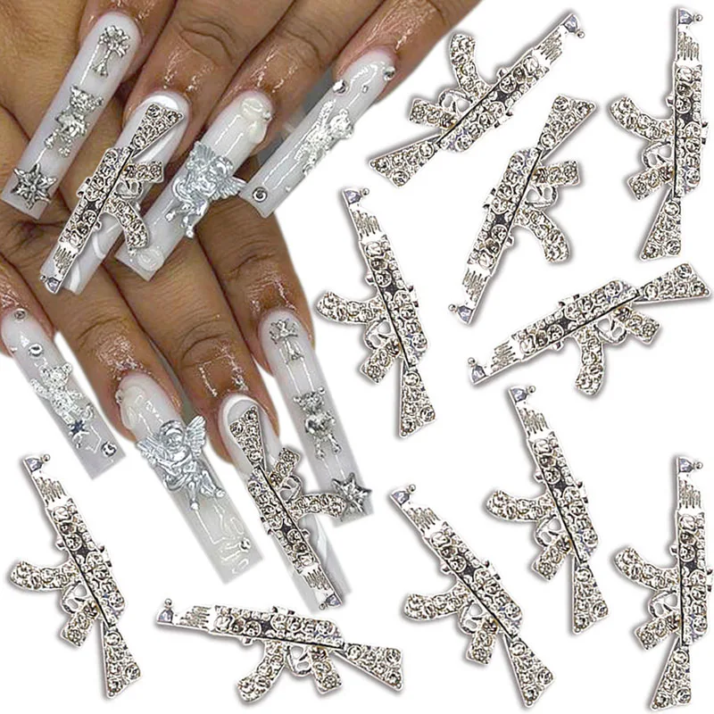 Top Trends: 3pcs 3D Alloy Gun Nail Charms Shiny Diamonds Metal Gun Nail Art Charms AK Weapon Nail Charm Rhinestones Gun Charms For Nails DIY Shoppable Styles