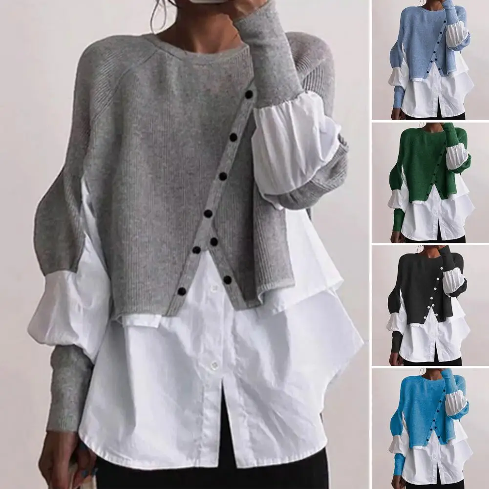 Top Trends: Casual Female Office Autumn Irregular Button Shirts Women Sexy Splicing Crew Neck Knitted Pullover Long Sleeve Commuter Jumper Shoppable Styles