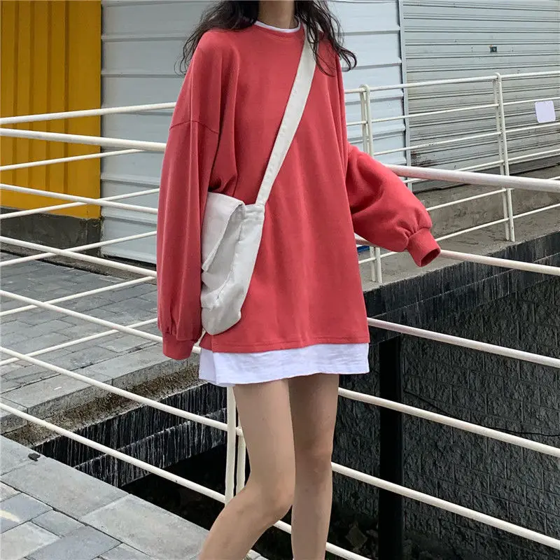 Top Trends: Fake Two-piece Hoodie Loose BF Harajuku Lazy Style Spring Autumn New Long Sleeve Solid T Shirt Tops Casual Fashion Women Clothes Shoppable Styles - Image 3