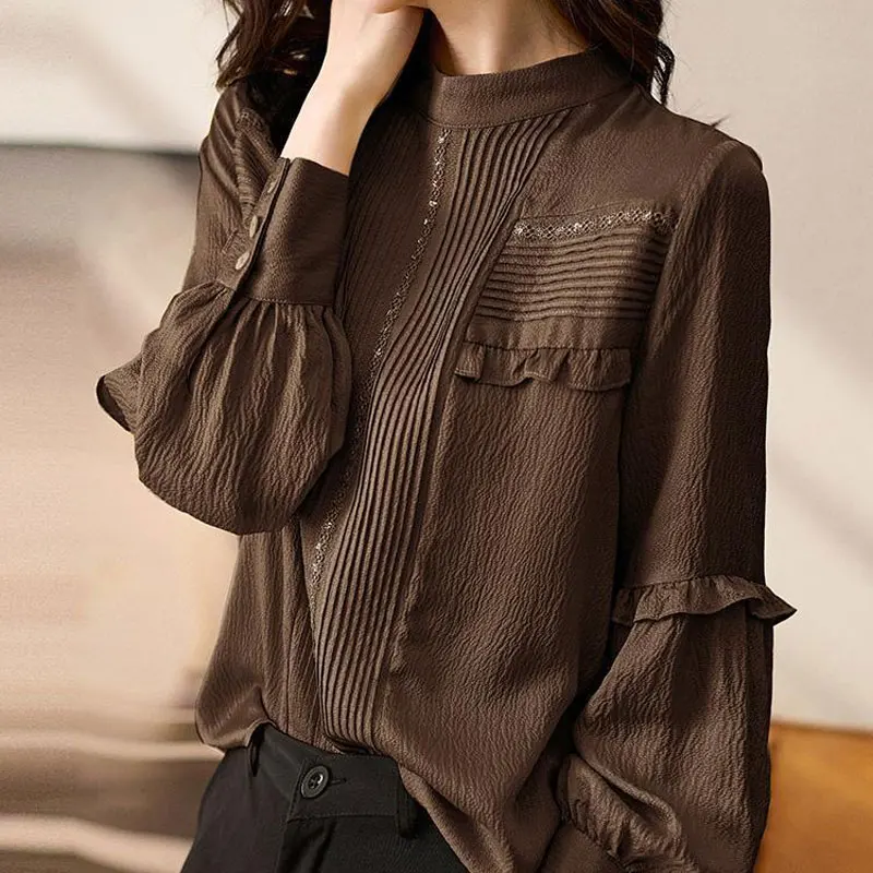 Top Trends: Fashion Pleated Lace Basic Shirt Spring Autumn Solid Color Stand Collar Women&#039;s Clothing Commute Korean Ruffles Spliced Blouse Shoppable Styles