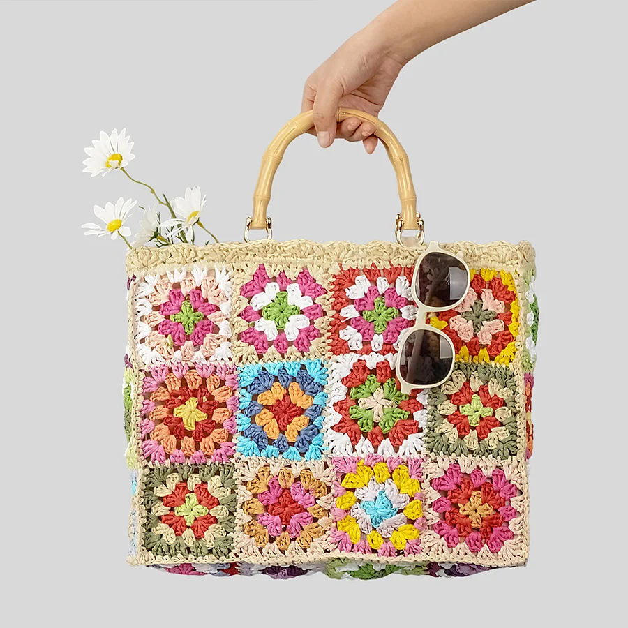 Top Trends: Bohemian Granny Square Staw Handbags Casual Paper Woven Bamboo Handle Women Hand Bags Handmade Summe Beach Bag Large Tote Purse Shoppable Styles