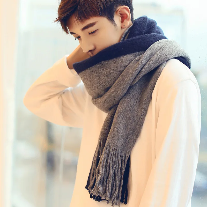 Top Trends: Korean Fashion Men's Knitted Scarf Winter Warm Men Scarves Patchwork Striped Wool Bufanda Soft Long Warmer Male Neakerchief Shoppable Styles