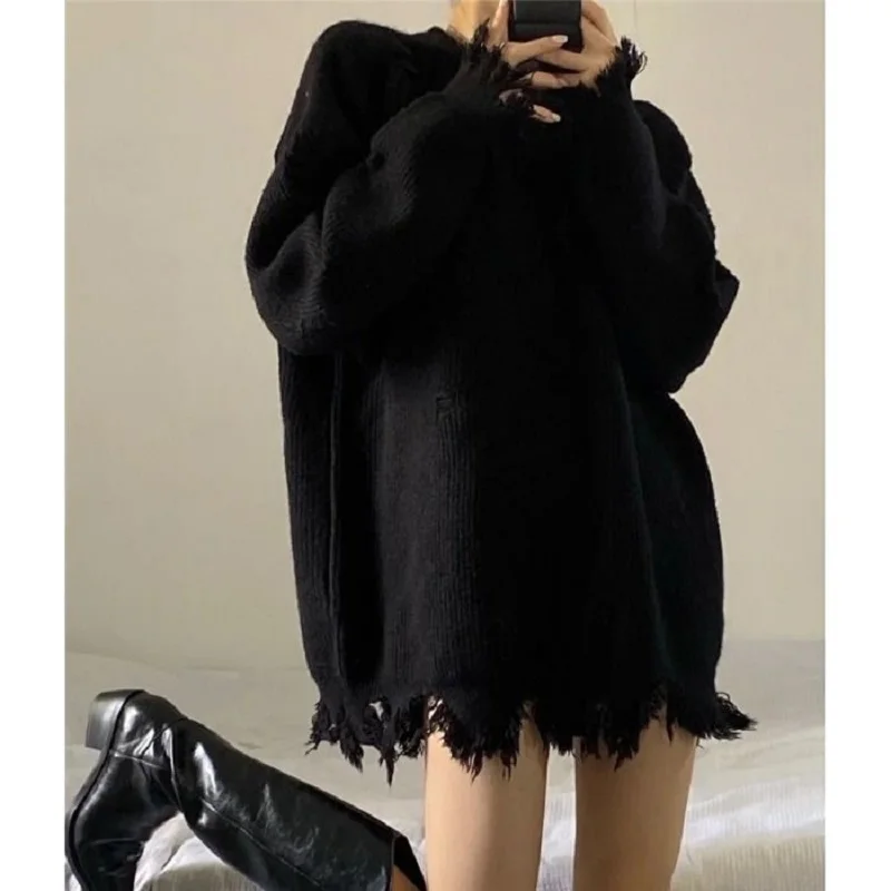 Top Trends: Deeptown Gothic Style Punk Black Knitted Sweater Women Oversize O-neck Goth Grunge Knit Pullover Korean Fashion Long Sleeve Tops Shoppable Styles