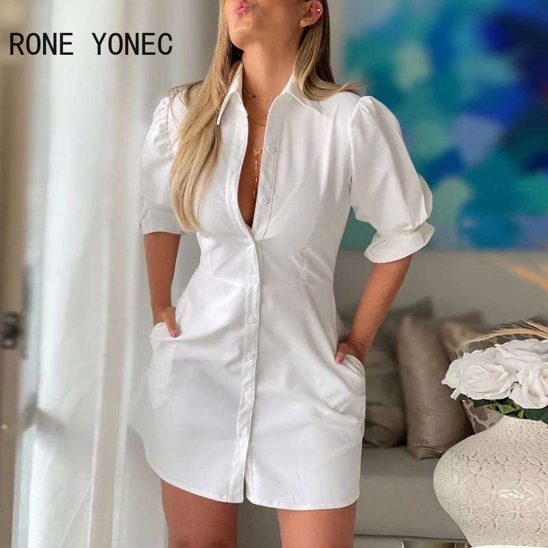 Top Trends: Women Casual Solid Half Lantern Sleeves Button Pocket White Shirt Dress Shoppable Styles