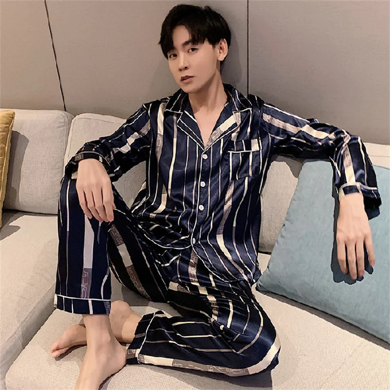 Top Trends: Spring Autumn Men's Imitation Silk Pajamas Long Sleeve Cardigan Pants Two Piece Set 5XL Casual Home Clothing Luxury Sleepwear Shoppable Styles