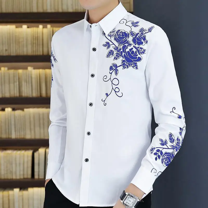 Top Trends: Autumn Mens Dress Shirts 2022 Fashion Golden Rose Flower Print Button Down Shirt Casual Men Slim Fit Long Sleeve Chemise Homme Shoppable Styles