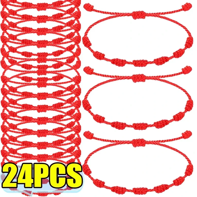 Top Trends: 1-24pcs Couple Handmade 7 Knots Red String Bracelet For Protection Lucky Amulet Friendship Braid Rope Wristband Bangles Jewelry Shoppable Styles