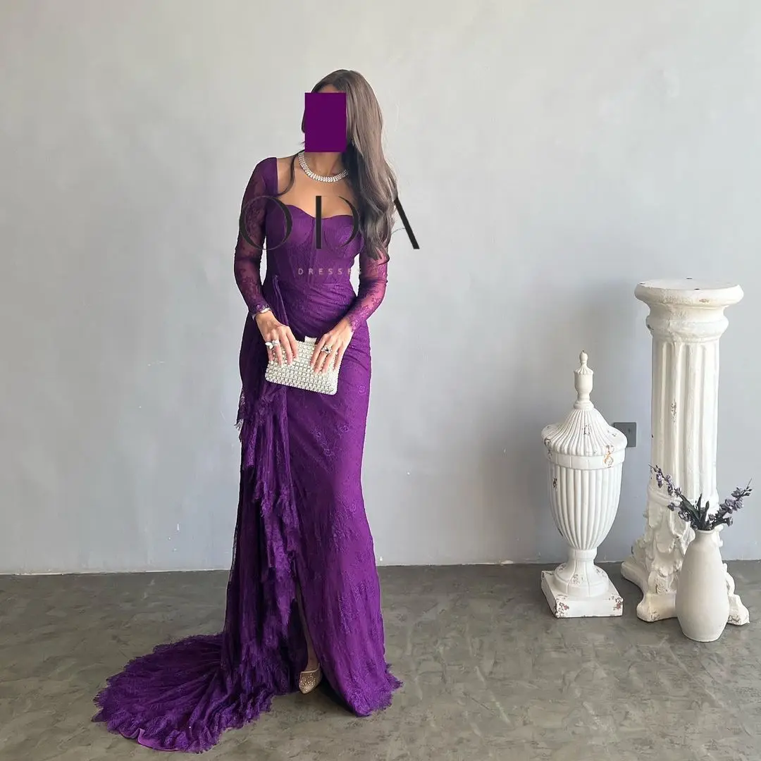 Top Trends: Purple Saudi Arabia Women Prom Dresses Long Sleeves Lace Halter Evening Dresses Women Formal Party Gowns Shoppable Styles