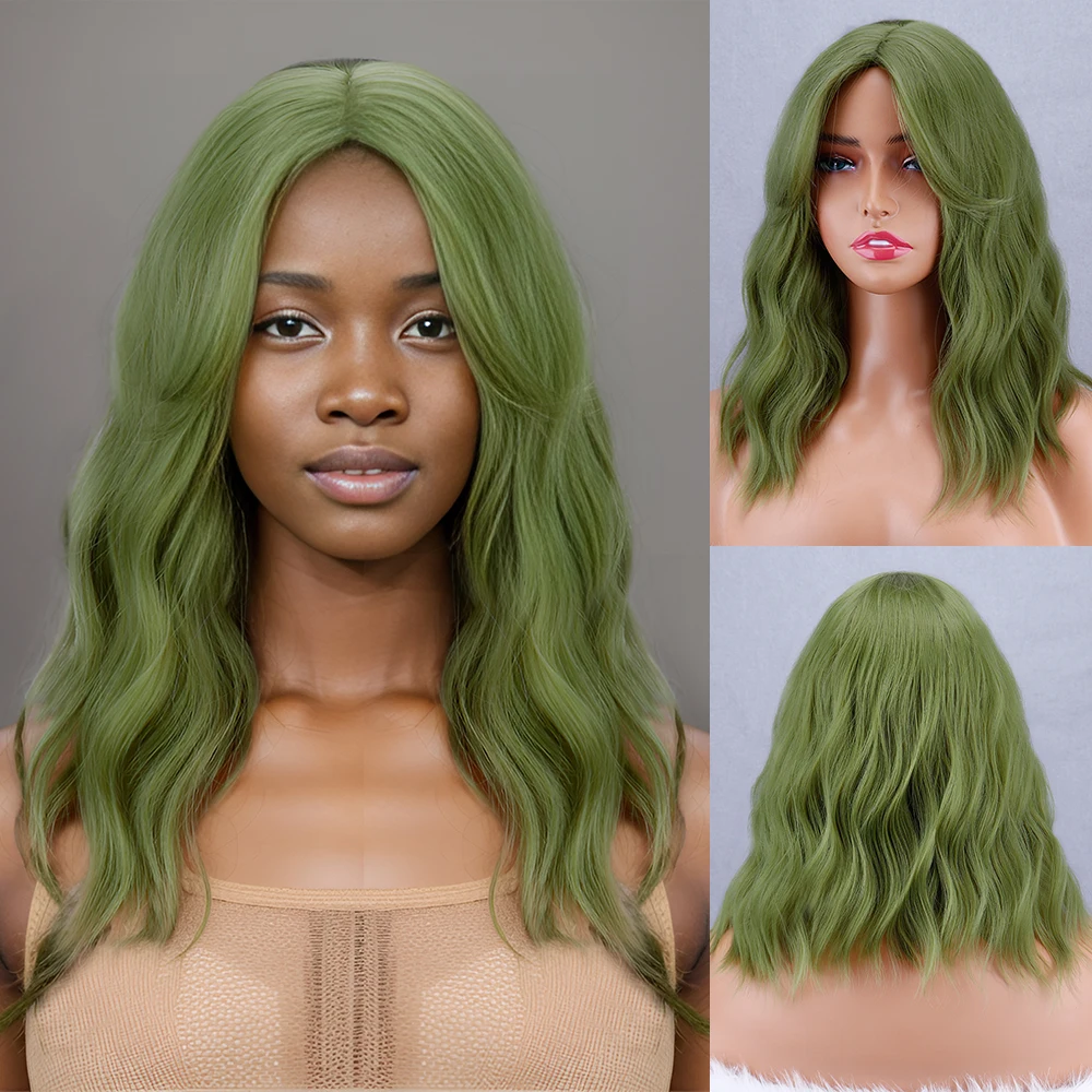 Top Trends: Green Medium Split Short Wave Bangs Female No Lace Cost-effective Natural Synthetic Wig High Temperature Fiber Cosplay Shoppable Styles